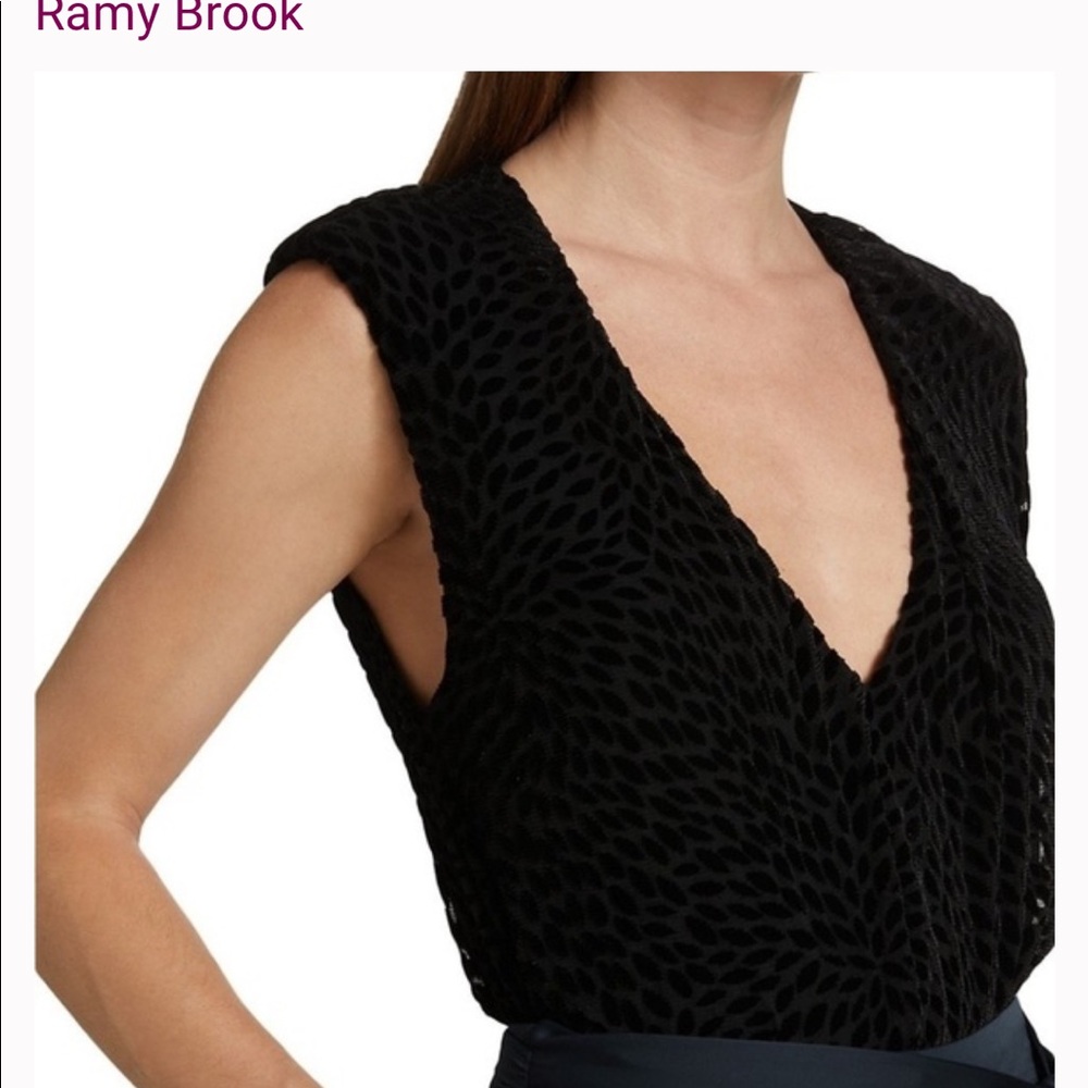 Ramy Brook Black Regina Velvet Embossed Burnout Cap Sleeve V-Neck Bodysuit Small - Picture 7 of 10